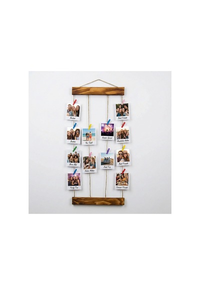 Kişiye Özel 12 Fotoğraf Baskılı Ahşap İpli Mandallı Duvar Panosu 25x57 Cm - 1 Yaş & Sevgili & Arka