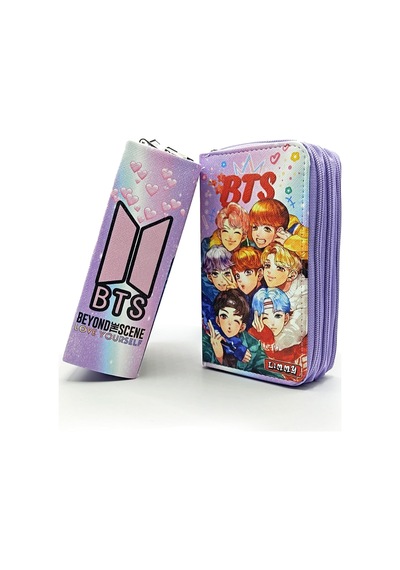 Kalem Kutusu Bts Desenli Kpop Organizer Kalemkutu Vegan Deri Üç Bölmeli Kalemlik Beyaz - Çok Renkli