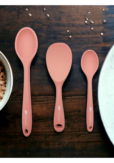 Sert Uçlu Isıya Dayanıklı Silikon Kaşık Seti, 28 Cm-22 Cm-20 Cm, Somon