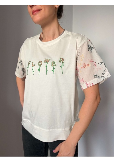 Ali Butik Ekru Flower Baskılı Tişört Ekru