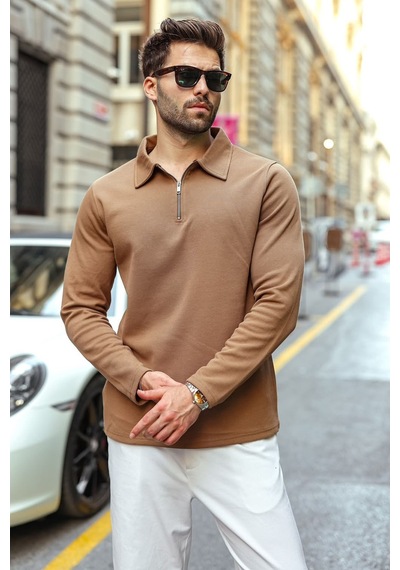 Madmext Vizon Yarım Fermuarlı Polo Yaka Dokulu Erkek Sweatshırt E7197