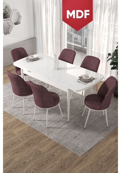 Canisa Concept Kor Serisi 70x114 Açılabilir Beyaz Mutfak Masası Takımı-6 Adet Gülkurusu Sandalye Masalar Beyaz Sandalyeler Gülkurusu