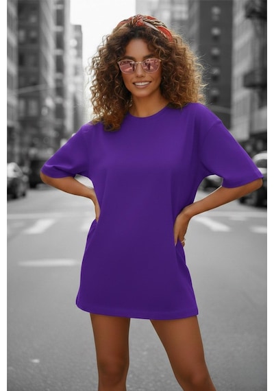 Mily Kadın Oversize Basic Bisiklet Yaka Pamuklu T-shirt Rahat Kesim Unisex Sevgili Kombini Mor