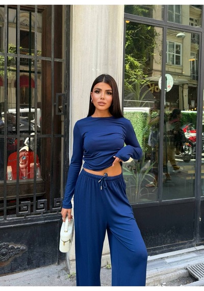 Evoa Kadın Lacivert Bisiklet Yaka Yan Büzgülü Bluz Ve Lastikli Paça Bol Pantolon Takım