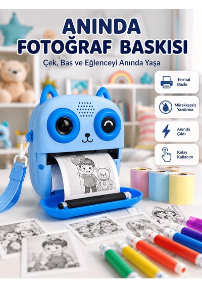 2.4'' Ips Ekranlı Çocuk Fotoğraf Makinesi Hd Çekim Ve Anında Baskı Keyfi Çok Renkli