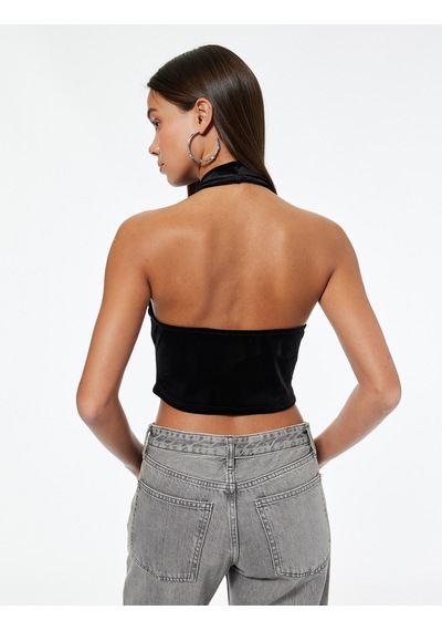 Koton Slim Fit Kadife Degaje Yaka Kolsuz Crop Bluz Siyah 7wal30002ık