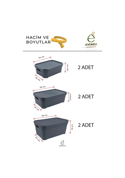 6 Parça Kapaklı Saklama Kutusu Seti Organizer Dolap İçi Düzenleyici Kutu 2x2.8lt 2x8.2lt 2x10.8 Lt Renkli