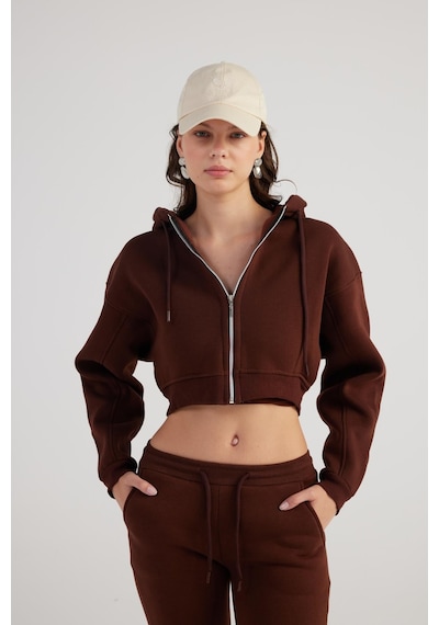 Holly Lolly Kadın Kahverengi Kapüşonlu Uzun Kol Fermuarlı Crop Mixed Sweat Kahve