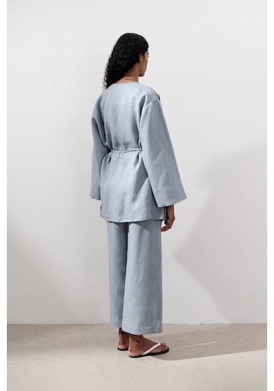 Manuka Keten Kruvaze Kapama Kimono Mavi Mavi