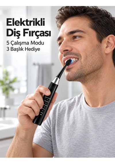 5 Çalışma Modlu Siyah Elektrikli Diş Fırçası 3 Yedek Başlık Hediyeli