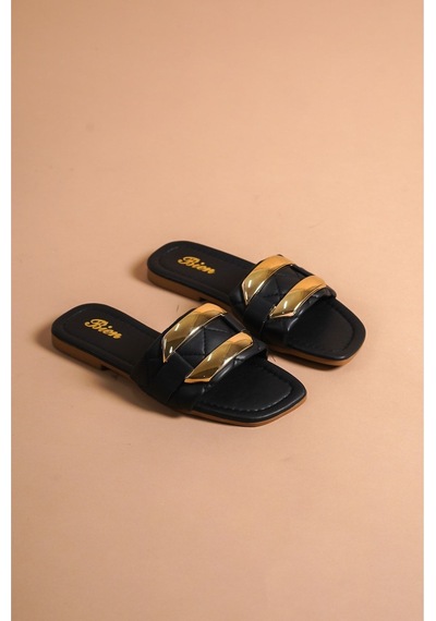 Munora Butik Gold Toka Detaylı Siyah Terlik Siyah Siyah