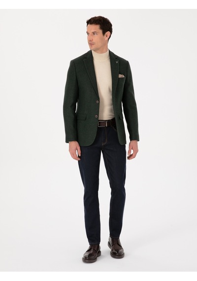 Cacharel Haki Slim Fit Yün Karışımlı Mikro Desenli Ceket Yesıl