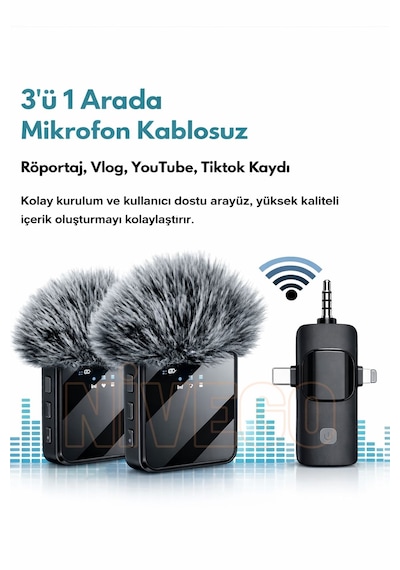 Nivego Yüksek Kalite Profesyonel 3 In 1 Kablosuz Taşınabilir Youtuber Yaka Mikrofonu Tüylü Lightning / Type-c