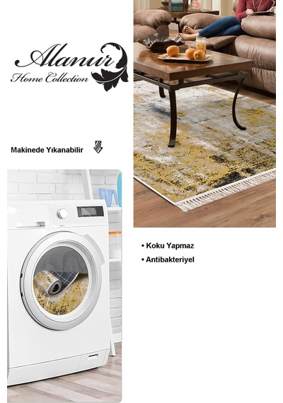 Dekoreko Kaymaz Taban Djt Salon Halısı Star Pamuk Saçaklı Modern M12271 Hardal