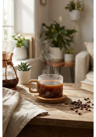 Makri Home Bambu Kulplu Ve Altlıklı Cam Kupa 200 Ml Borosilikat Cam Çok Renkli