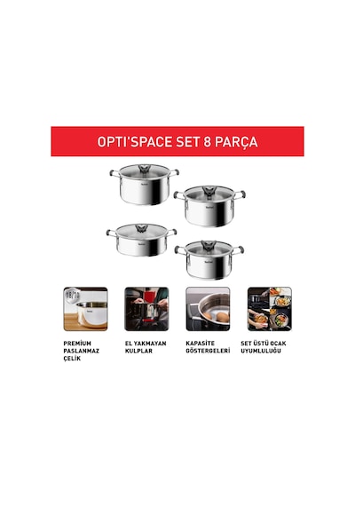 Tefal Optispace 8 Parça Çelik Tencere Seti 587635
