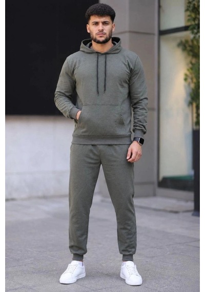 Freedom Storee Erkek İki İplik Kapüşonlu Kanguru Cepli Sweatshirt Jogger Pantolon Alt Üst Eşofman Takımı - Haki Çok Renkli