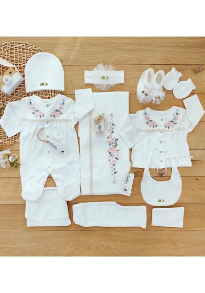 Sitilin Kız Bebek Pembe 10'lu Hastane Çıkışı Natural İşlemeli Set Stl4663 Ekru