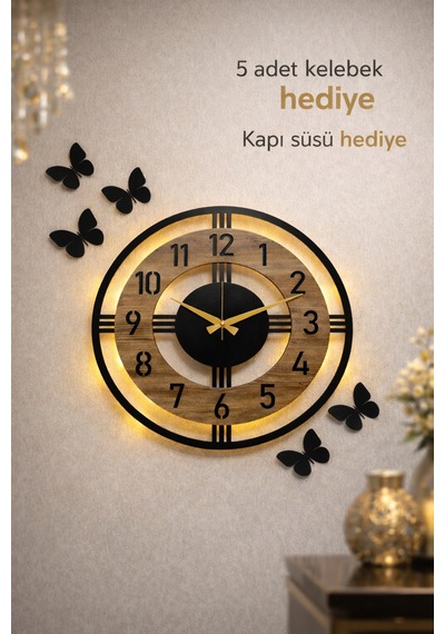 Pey Aksesuar Işıklı Ahşap Duvar Saati 48 Cm Dekoratif Modern Tasarım Kahverengi