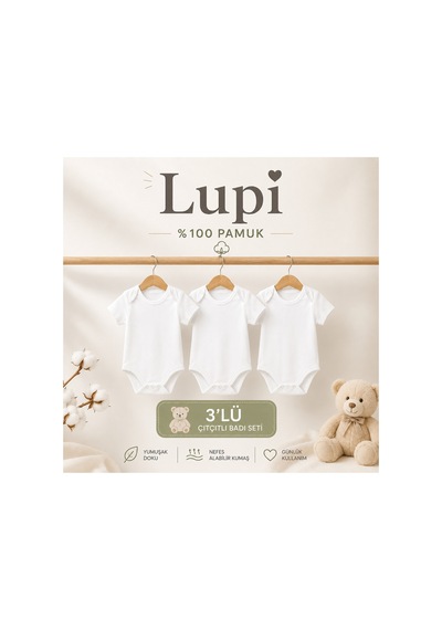 Lupi 3 Adet Çıtçıtlı Bebek Zıbın Düz Ekru Renk