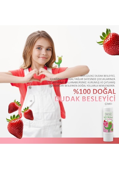 Incıa%100 Doğal Kids Dudak Besleyici Çilek Bitkisel Nemlendirici Dudak Bakım Kremi 6 G