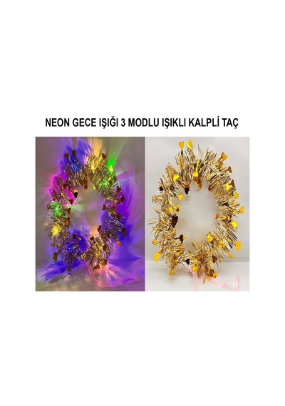 Mey İthalat Kalp Püsküllü Gece Parıltısı 3 Modlu Led Li Işıklı Taç Altın Renk