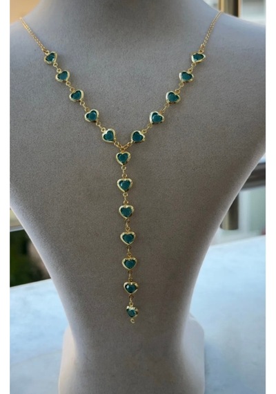 Kadın Gold Renk Zirkon Taşlı Özel Tasarım Y Model Kolye Mavi