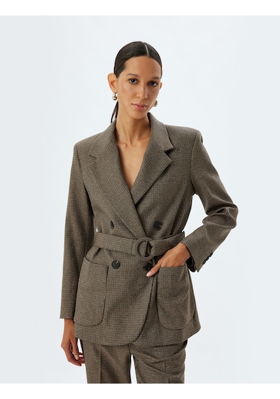 Koton Kruvaze Kemerli Blazer Ceket Cepli Kahverengi Ekose 5wak50010ew Kahverengi