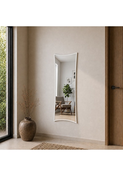 Modern Kavisli Boy Aynası 40x120 Cm Dalgalı Formlu Minimalist Dekoratif Duvar Aynası Beyaz