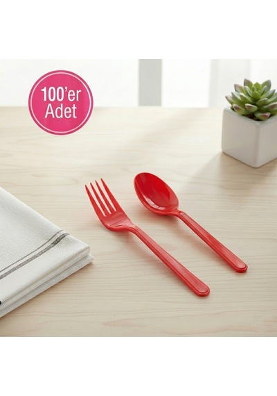 100 'er Adet Kırmızı Plastik Lüx Çatal Ve Kaşık Seti