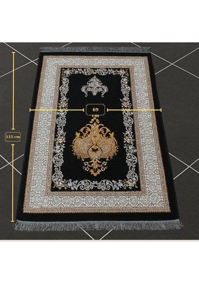 Tesbihane Kişiye Özel Nakış İşlemeli Çiçek Desenli Kendinden Saçaklı Siyah Renk Hediyelik Seccade