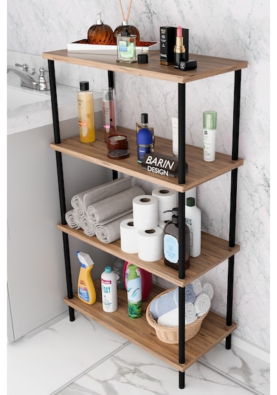 Çevir Kur Kolay Kurulum 4 Katlı Banyo Rafı Metal Gövdeli Çok Amaçlı Organizer Stand Banyo Dolabı Atlantik Çam