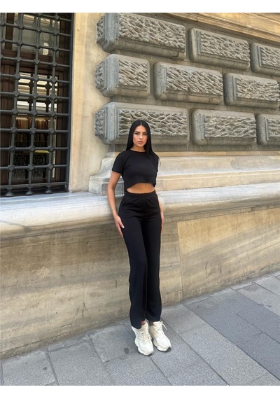 WeShaya Siyah Modal Polyester Dokulu Bisiklet Yaka Takım Siyah