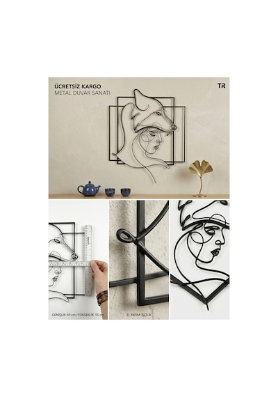Trend Metal Sanat Kurt Başlı Kadın Tasarımlı Siyah Metal Duvar Tablosu 50x55 Cm Siyah - 943040266 Siyah