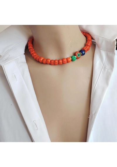 Turuncu Cam Kabak Boncuk Nazar Detaylı Choker Kolye Turuncu
