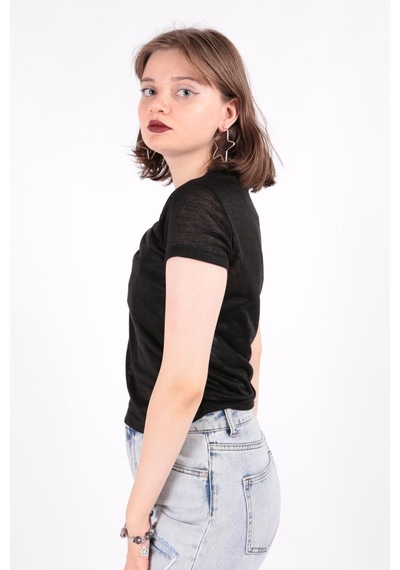 Busem S0016230 Kadın Flamlı İnce T-shirt Siyah
