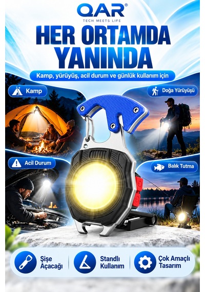 Type-c Şarjlı Çok Fonksiyonlu Mini Led El Feneri Çakmaklı Mıknatıslı Anahtarlık Kamp Lambası Mavi