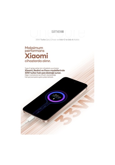 Simex Xiaomi, Redmi, Poco, Uyumlu 33 Watt Hızlı Turbo Şarj Seti Ce Belgeli Sps-19