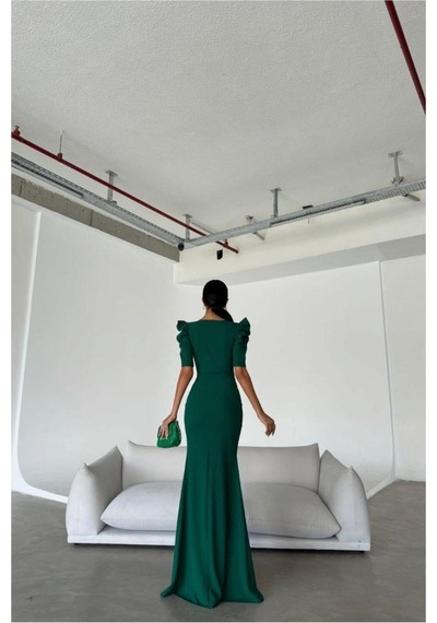 DefyModa Kadın Kruvaze Yaka Yırtmaçlı Maxi Uzun Kollu Abiye Elbise Zümrüt