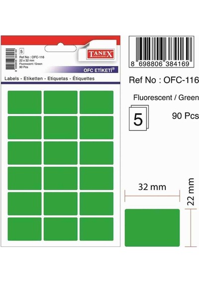 Tanex Ofis Etiketi Poşetli 22x32 Mm Fosforlu Yeşil Ofc-116 Çok Renkli