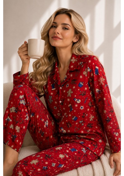 Free Beka Yılbaşı Desenli Uzun Kollu Önden Düğmeli Gömlek Yaka Kadın Pijama Takımı Kırmızı