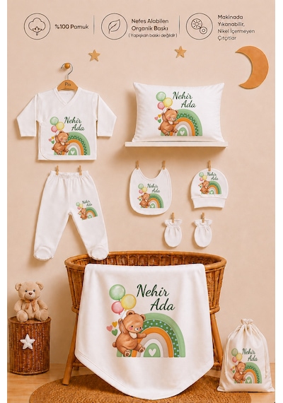 Pia Baby Kız Bebek Hastane Çıkışı 12 Parça %100 Pamuk İsme Özel Organik Baskılı Kese Hediyeli 208311kyx Ekru
