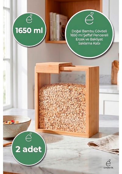 1650 Ml Bambu Kapaklı Erzak Kabı Bakliyat Saklama Kabı Mutfak Organizer Tekli Saklama Kutusu 2 Adet Kahverengi