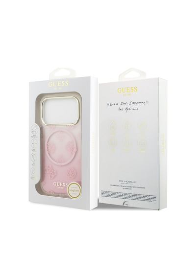 Apple Uyumlu iPhone 17 Pro Kılıf Guess Lisanslı M-safe Özellikli Simli Peony Desenli Silikon Kapak Pembe Pembe