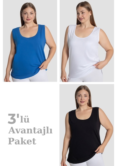 Arma Yıldız Kadın Pamuklu Büyük Beden Kalın Askılı Atlet 3'lü Paket Mavi Beyaz Siyah