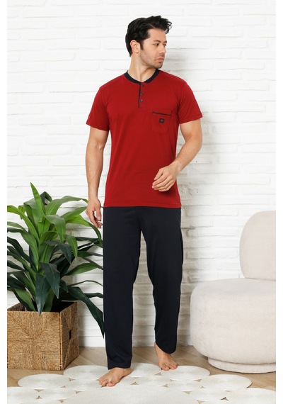 Enisena Erkek %100 Pamuklu Pijama Takımı-3 Düğmeli-yaka Cepli 12384 Bordo