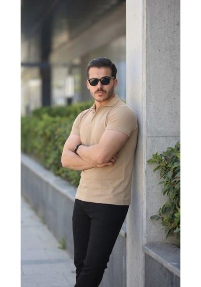Defymoda Erkek Kısa Kollu Yakalı Tişört Bej