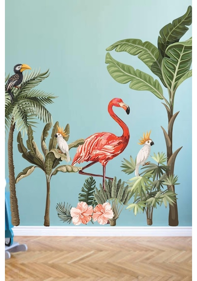 MSticker Flamingo Ve Kuşlar Safari Tropikal Hayvanlar Ve Ağaçlar Çocuk Bebek Odası Duvar Sticker