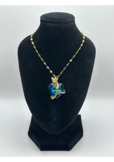 Arnes Jewelry Çelik Zirkon Taşlı Kalpli Kelebekli Kolye Gold