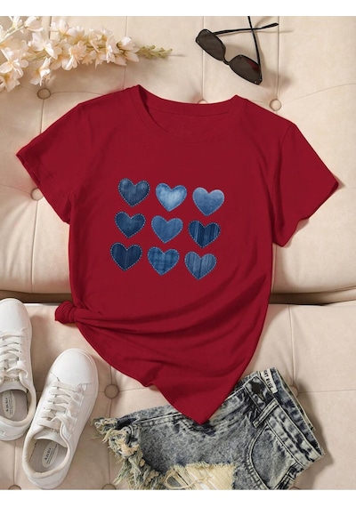 Uyguntarz Unisex Jean Desenli Kalp Tasarım Basklı Tshirt Kırmızı